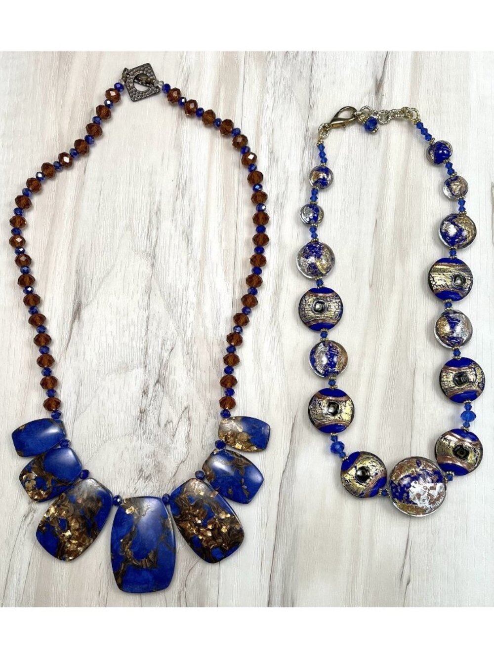 Lot 2 Handmade Cobalt Blue Bronze Beaded Statement NECKLACES 22" & 18" EUC